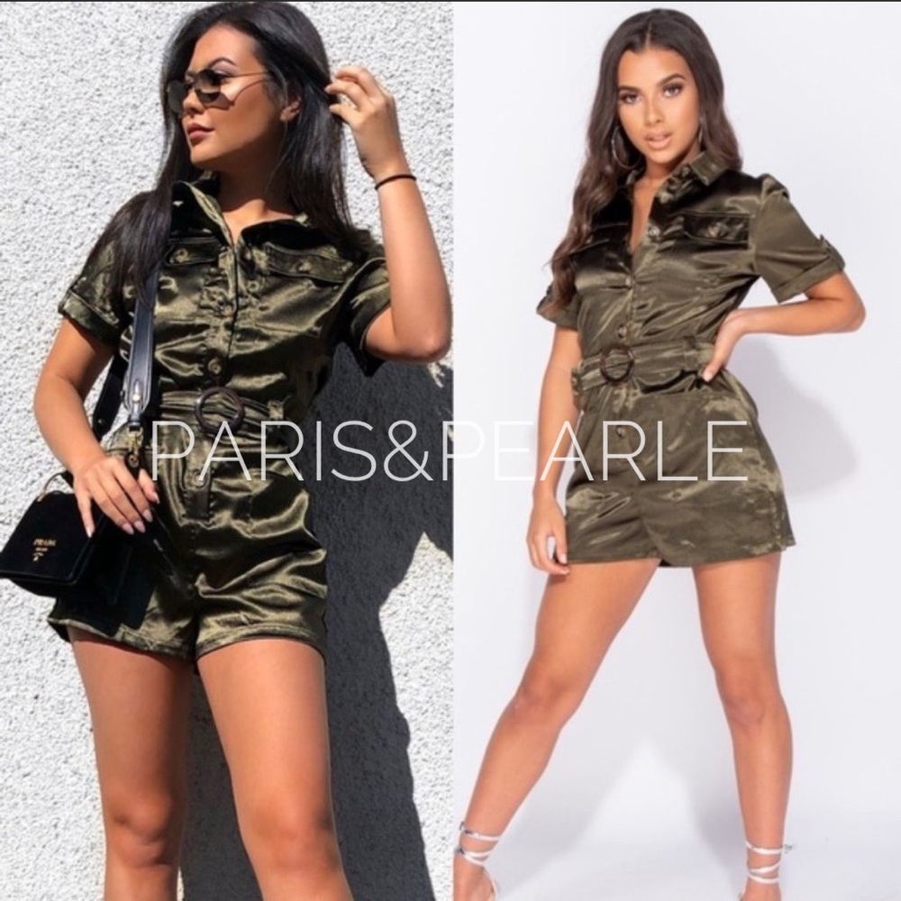 Jalynn Satin Button Front Tortoise Belted Romper
